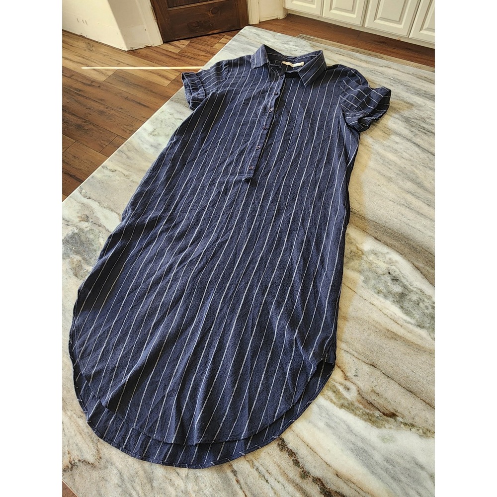 Boutique Womens Navy Blue White Striped Short Sleeve Shirt Dress Small